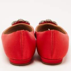 Pre Owned Manolo Blahnik Red Satin Hangisi Ballet Flats Size 35.5