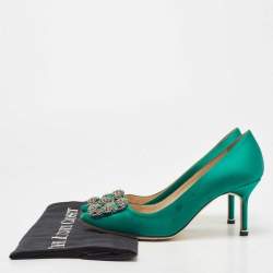 Pre Owned Manolo Blahnik Green Satin Hangisi Pumps Size 37