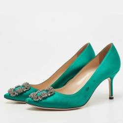 Pre Owned Manolo Blahnik Green Satin Hangisi Pumps Size 37