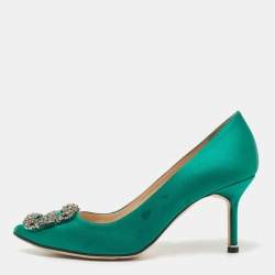 Pre Owned Manolo Blahnik Green Satin Hangisi Pumps Size 37