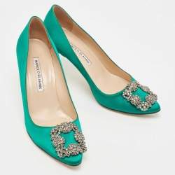 Pre Owned Manolo Blahnik Green Satin Hangisi Pumps Size 37
