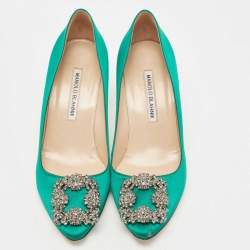 Pre Owned Manolo Blahnik Green Satin Hangisi Pumps Size 37