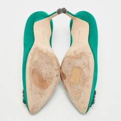 Pre Owned Manolo Blahnik Green Satin Hangisi Pumps Size 37