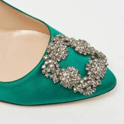 Pre Owned Manolo Blahnik Green Satin Hangisi Pumps Size 37