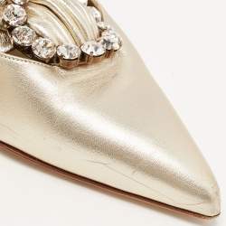 Pre Owned Manolo Blahnik Metallic Gold Leather Crystal Embellished Mules Size 38.5