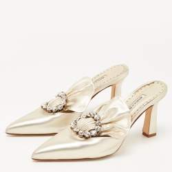 Pre Owned Manolo Blahnik Metallic Gold Leather Crystal Embellished Mules Size 38.5