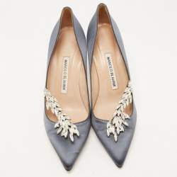 Pre Owned Manolo Blahnik Dark Grey Satin Nadira Pumps Size 37.5