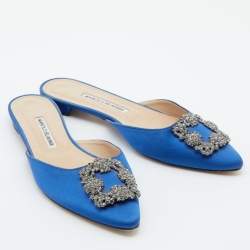 Manolo Blahnik Blue Satin Hangisi Flat Mules Size 38