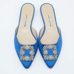 Manolo Blahnik Blue Satin Hangisi Flat Mules Size 38