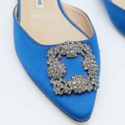 Manolo Blahnik Blue Satin Hangisi Flat Mules Size 38