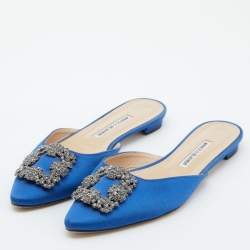 Manolo Blahnik Blue Satin Hangisi Flat Mules Size 38