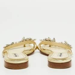 Pre Owned Manolo Blahnik Gold Leather Crystal Embellished Toe Ring Flat Slides Size 38