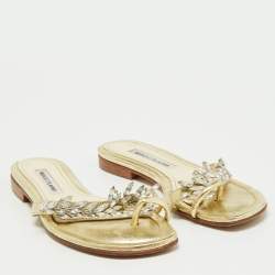 Pre Owned Manolo Blahnik Gold Leather Crystal Embellished Toe Ring Flat Slides Size 38