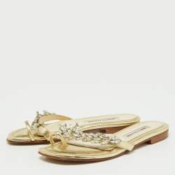 Pre Owned Manolo Blahnik Gold Leather Crystal Embellished Toe Ring Flat Slides Size 38