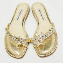 Pre Owned Manolo Blahnik Gold Leather Crystal Embellished Toe Ring Flat Slides Size 38