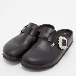Pre Owned Manolo Blahnik X Birkenstock Black Leather Crystals Boston Mules Size 38