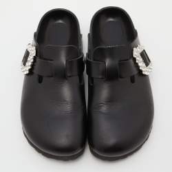 Pre Owned Manolo Blahnik X Birkenstock Black Leather Crystals Boston Mules Size 38