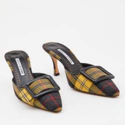 Pre Owned Manolo Blahnik Multicolor Stripe Canvas Maysale Mules Size 38.5