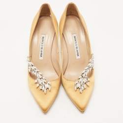 Pre Owned Manolo Blahnik Mustard Satin Nadira Pumps Size 37