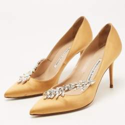 Pre Owned Manolo Blahnik Mustard Satin Nadira Pumps Size 37