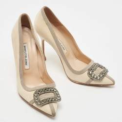 Pre Owned Manolo Blahnik Cream/Grey Satin Gotrian Pumps Size 38.5