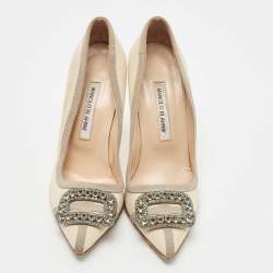Pre Owned Manolo Blahnik Cream/Grey Satin Gotrian Pumps Size 38.5