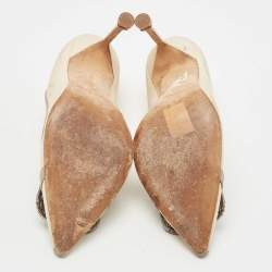 Pre Owned Manolo Blahnik Cream/Grey Satin Gotrian Pumps Size 38.5