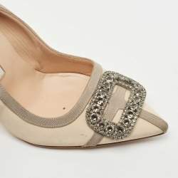 Pre Owned Manolo Blahnik Cream/Grey Satin Gotrian Pumps Size 38.5