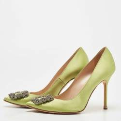 Pre Owned Manolo Blahnik Green Satin Hangisi Pumps Size 40.5