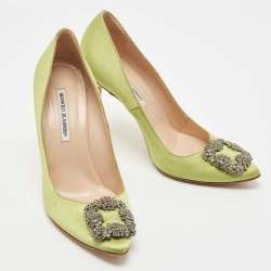 Pre Owned Manolo Blahnik Green Satin Hangisi Pumps Size 40.5