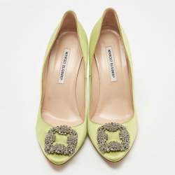 Pre Owned Manolo Blahnik Green Satin Hangisi Pumps Size 40.5