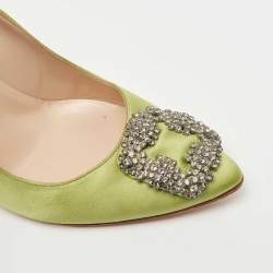 Pre Owned Manolo Blahnik Green Satin Hangisi Pumps Size 40.5