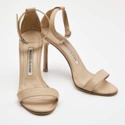 Pre Owned Manolo Blahnik Beige Leather Ankle Strap Sandals Size 35