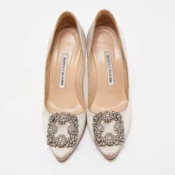 Pre Owned Manolo Blahnik Grey Satin Hangisi Crystal Embellished Pointed Toe Pumps Size 36