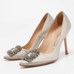 Pre Owned Manolo Blahnik Grey Satin Hangisi Crystal Embellished Pointed Toe Pumps Size 36