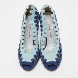 Pre Owned Manolo Blahnik Blue Suede Cut Out Peep Toe Pumps Size 40.5