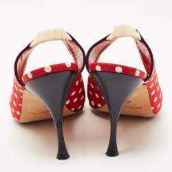 Manolo Blahnik Red Canvas and Leather Polka Dot Slingback Sandals Size 40