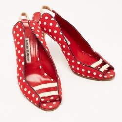 Manolo Blahnik Red Canvas and Leather Polka Dot Slingback Sandals Size 40