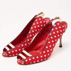 Manolo Blahnik Red Canvas and Leather Polka Dot Slingback Sandals Size 40