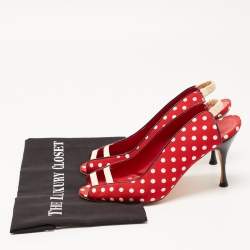 Manolo Blahnik Red Canvas and Leather Polka Dot Slingback Sandals Size 40