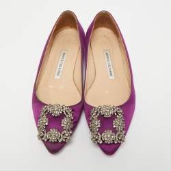 Pre Owned Manolo Blahnik Purple Satin Hangisi Ballet Flats Size 35