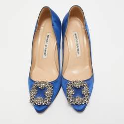 Pre Owned Manolo Blahnik Blue Satin Hangisi Crystal Embellished Pumps Size 35.5