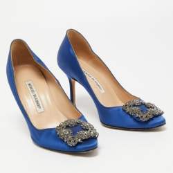 Pre Owned Manolo Blahnik Blue Satin Hangisi Crystal Embellished Pumps Size 35.5