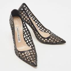 Pre Owned Manolo Blahnik Black Laser Cut Leather BB Laserato Pumps Size 35.5