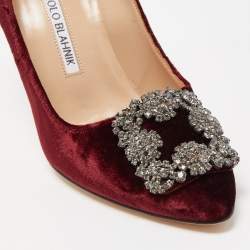 Pre Owned Manolo Blahnik Burgundy Velvet Hangisi Crystal Embellished Pointed Toe Pumps Size 36.5