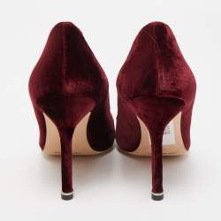 Pre Owned Manolo Blahnik Burgundy Velvet Hangisi Crystal Embellished Pointed Toe Pumps Size 36.5