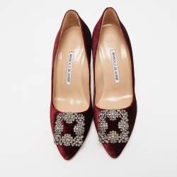 Pre Owned Manolo Blahnik Burgundy Velvet Hangisi Crystal Embellished Pointed Toe Pumps Size 36.5