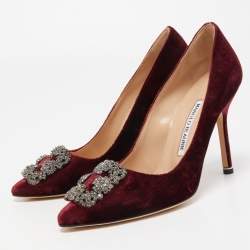 Pre Owned Manolo Blahnik Burgundy Velvet Hangisi Crystal Embellished Pointed Toe Pumps Size 36.5