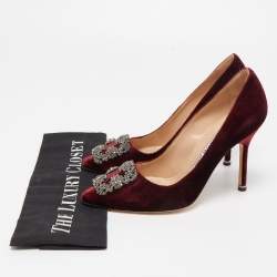 Pre Owned Manolo Blahnik Burgundy Velvet Hangisi Crystal Embellished Pointed Toe Pumps Size 36.5