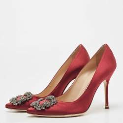 Pre Owned Manolo Blahnik Burgundy Satin Hangisi Pumps Size 36.5